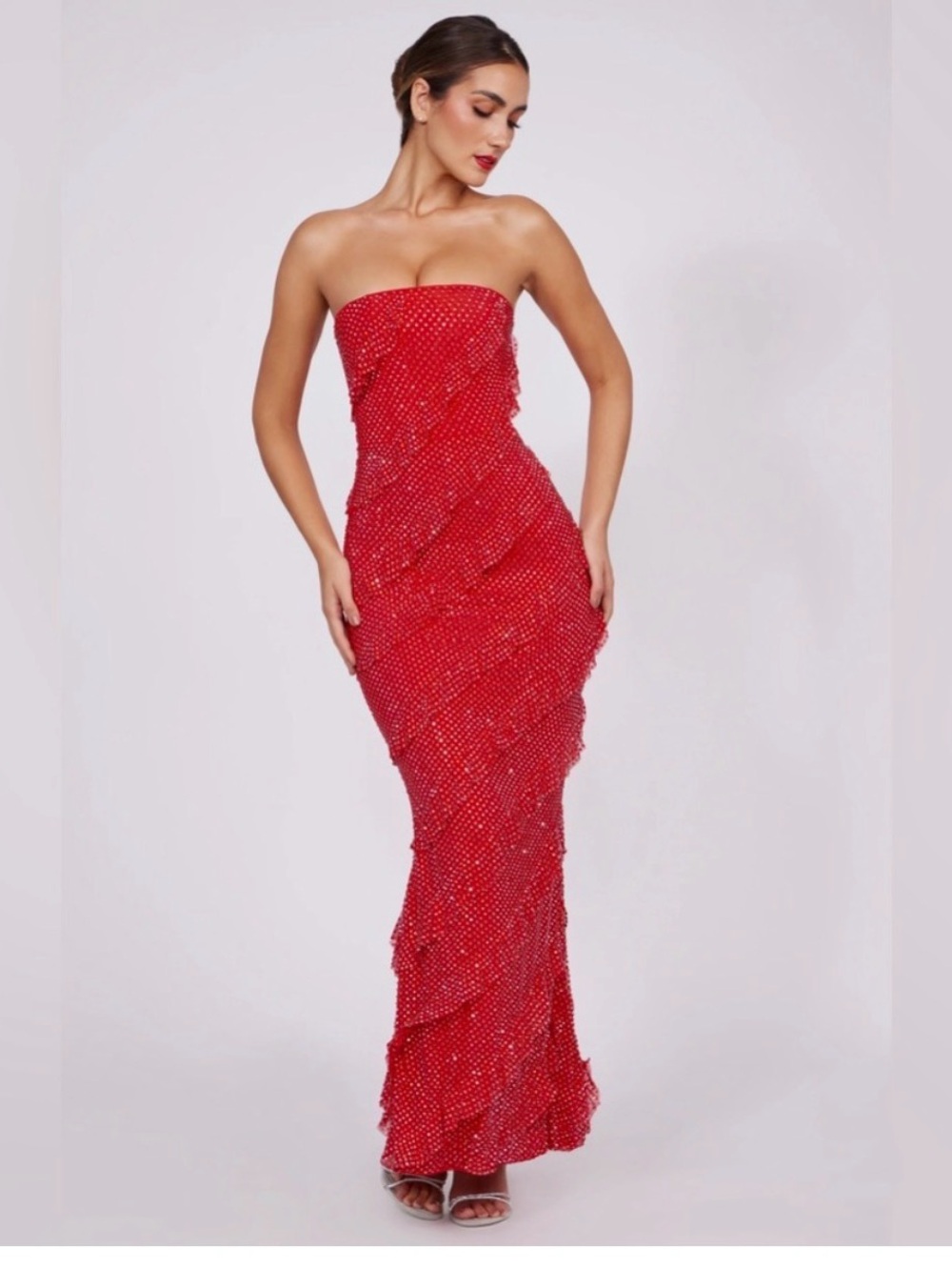 Oh Polly Red Strapless Beaded Column Gown